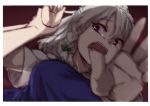  2girls arm_grab blue_dress blue_eyes braid dress flandre_scarlet hair_ribbon izayoi_sakuya maid_headdress multiple_girls open_mouth outstretched_hand reaching ribbon scared short_hair short_sleeves silver_hair terimayo touhou tress_ribbon twin_braids 