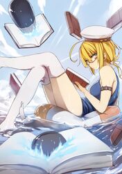  1girl ahoge aqua_eyes arm_strap blonde_hair book clouds crossed_legs glasses hat highres i-8_(kantai_collection) innertube kantai_collection kyouya_(mukuro238) looking_at_viewer red-framed_glasses school_swimsuit semi-rimless_glasses short_hair sitting sky solo swimsuit thigh-highs torpedo under-rim_glasses water white_legwear 