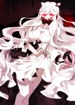  1girl breasts cleavage collarbone covered_mouth dress fingernails glowing glowing_eyes horns kantai_collection konohana_inori long_hair long_sleeves mask midway_hime pale_skin red_eyes sharp_fingernails shinkaisei-kan skirt_hold solo veins very_long_hair white_dress wide_sleeves 