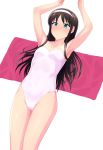  1girl armpits arms_up bare_shoulders black_hair blue_eyes blush covered_navel hairband highleg highleg_swimsuit highres long_hair lying on_back one-piece_swimsuit shiny shiny_hair solo swimsuit tohno_akiha towel tsukihime tsurui 