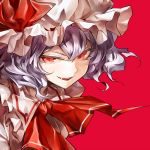  &gt;:d 1girl :d ascot fang kozou_(soumuden) looking_at_viewer mob_cap open_mouth purple_hair red_background red_eyes remilia_scarlet ribbon short_hair simple_background smile solo touhou 