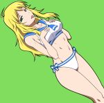  1girl ahoge blonde_hair breast_suppress green_background green_eyes highres hoshii_miki idolmaster long_hair midriff navel puge sailor_swimsuit_(idolmaster) solo stomach tongue tongue_out 