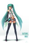  1girl 2014 absurdres alternate_costume artist_name boots character_name dated elbow_gloves gloves green_eyes green_hair hatsune_miku highres long_hair microphone miku_append necktie nicca_(kid_nicca) solo thigh-highs thigh_boots twintails very_long_hair vocaloid vocaloid_append white_background 