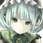  1girl :o aqua_hair astaroth_(p&amp;d) bare_shoulders blush bust check_artist demon_girl frilled_shawl frills green_eyes mosamune open_mouth pointy_ears puzzle_&amp;_dragons shawl short_hair simple_background sleeveless solo tsurime white_background 