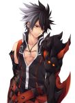 1boy armor belt black_hair cross elsword expressionless gradient_hair grey_hair jewelry kirimi_maguro male multicolored_hair necklace raven_(elsword) sleeveless sleeveless_shirt solo spiky_hair white_background yellow_eyes 