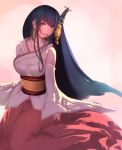  1girl black_hair breasts detached_sleeves fusou_(kantai_collection) hair_in_mouth headgear highres japanese_clothes kantai_collection long_hair mouth_hold red_eyes ryu_(leon_esoragotonooto) solo very_long_hair 