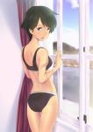  1girl ass black_bra black_hair black_panties blue_eyes bra curtains from_behind highres kantai_collection looking_at_viewer mogami_(kantai_collection) open_mouth panties short_hair solo standing thigh_gap underwear underwear_only wa_(genryusui) window 