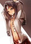  1girl adjusting_hair black_eyes brown_hair flat_chest headband highres japanese_clothes kantai_collection kyouya_(mukuro238) looking_at_viewer mouth_hold navel open_clothes solo stomach zuihou_(kantai_collection) 