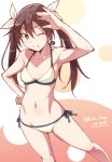  1girl armpits brown_eyes brown_hair e20 grin hair_ribbon hand_on_hip kantai_collection long_hair looking_at_viewer midriff mound_of_venus navel one_eye_closed ribbon smile solo stomach tone_(kantai_collection) twintails 