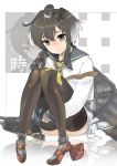  1girl brown_eyes brown_hair hairband headgear highres kantai_collection looking_at_viewer machinery reflection short_hair sitting sleeves_past_wrists solo tears thigh-highs tokiti tokitsukaze_(kantai_collection) translated turret wavy_mouth 