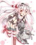  1girl amatsukaze_(kantai_collection) black_panties blush brown_eyes damaged garter_straps hair_tubes hairband hand_on_hip innertube kantai_collection looking_at_viewer machinery na!?_(yonjyuugo) open_mouth panties red_legwear rensouhou-kun silver_hair solo soot tears thigh-highs torn_clothes twintails underwear yonjyuugo 