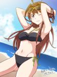  1girl ahoge armpits arms_up bikini blue_eyes brown_hair dated e20 halterneck kantai_collection kongou_(kantai_collection) long_hair looking_at_viewer midriff mound_of_venus navel one_eye_closed open_mouth side-tie_bikini solo sunglasses sunglasses_on_head swimsuit twitter_username 