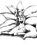  1girl ahri animal_ears arm_up breasts closed_eyes fox_ears fox_tail hal-13 highres league_of_legends long_hair monochrome multiple_tails open_mouth simple_background sitting solo tail white_background 