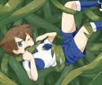  1boy brown_hair bust earth_eleven inazuma_eleven_(series) inazuma_eleven_go inazuma_eleven_go_galaxy lightning_bolt male matsukaze_tenma open_mouth petagon short_hair soccer_uniform solo sportswear tentacles vines wince 