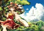  1girl ascot blue_sky bow brown_eyes brown_hair clouds dappled_sunlight detached_sleeves hair_bow hair_tubes hakurei_reimu kaio_(watagami) midriff mountain navel nontraditional_miko open_mouth outstretched_arm outstretched_hand ribbon-trimmed_sleeves ribbon_trim shirt skirt skirt_set sky smile solo touhou tree 
