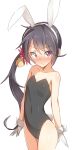  1girl absurdres akebono_(kantai_collection) animal_ears bell black_hair blush bunny_girl bunny_tail bunnysuit flat_chest flower gloves hair_bell hair_ornament highres kantai_collection long_hair looking_at_viewer metindone rabbit_ears side_ponytail small_breasts solo tail violet_eyes 