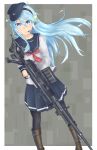  1girl anti-materiel_rifle blue_eyes blue_hair gun hat hibiki_(kantai_collection) kantai_collection long_hair looking_at_viewer pantyhose pleated_skirt rifle school_uniform serafuku skirt sniper_rifle solo type_97_anti-tank_rifle weapon yuusuke_(izanagi719) 