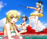  3girls anchovy anglerfish bikini black_bikini black_hair blonde_hair blush boat braid breasts brown_eyes carpaccio casual_one-piece_swimsuit cleavage clouds drill_hair front-tie_top girls_und_panzer goggles goggles_on_head green_eyes grin hair_ribbon holding inflatable_toy italian_flag long_hair looking_at_viewer multiple_girls ocean one-piece_swimsuit open_mouth orange_bikini osaka_kanagawa outdoors pepperoni_(girls_und_panzer) ribbon riding_crop short_hair side-tie_bikini side_braid sitting sky smile standing straddling strap_gap swimsuit twin_drills twintails white_swimsuit 