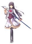  1girl black_hair black_legwear corset cravat eiyuu_densetsu elise_schwartzer enami_katsumi frills green_eyes hairband long_hair official_art pantyhose sen_no_kiseki shoes skirt smile solo standing sword weapon white_background 