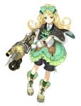  1girl atelier_(series) atelier_shallie blonde_hair bloomers bow capelet expressionless flipped_hair frills gloves green_eyes green_skirt hair_bow hidari_(left_side) long_hair miruca_crotze official_art pile_bunker shoes skirt socks solo underwear white_background 