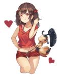  1girl aozarigani black_panties brown_hair cropped_legs hair_bobbles hair_ornament heart long_hair mawile navel o-ring_bottom open_clothes open_shorts original panties pokemon pokemon_(creature) red_eyes short_shorts shorts smile solo thigh_gap underwear unzipped white_background 