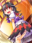  1girl bent_over black_hair fang fun_bo horns kijin_seija multicolored_hair open_mouth print_dress puffy_short_sleeves puffy_sleeves red_eyes revision sash short_sleeves solo streaked_hair touhou upskirt 