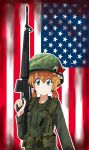  1girl america american_flag ammunition_belt assault_rifle blonde_hair blue_eyes card explosive grenade gun helmet looking_at_viewer low_twintails m16 military military_uniform original oshiru_(sealeu) playing_card pouch rifle short_hair smile soldier solo spade trigger_discipline twintails uniform vietnam war weapon 