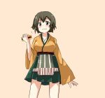  1girl black_eyes black_hair blush eating green_skirt hakama_skirt hiryuu_(kantai_collection) japanese_clothes kantai_collection long_sleeves oshiru_(sealeu) pleated_skirt sandwich short_hair skirt solo wavy_mouth 