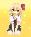  1girl :3 blonde_hair hair_ribbon kou-andagi mouth_hold paper puffy_short_sleeves puffy_sleeves red_eyes ribbon rumia seiza short_hair short_sleeves sitting skirt touhou vest yellow_background 