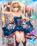  1girl alice_margatroid alternate_costume bare_shoulders blonde_hair blue_dress blue_eyes boots dress hairband highres looking_at_viewer ribbon short_hair sketch solo strapless_dress string takane_soprano touhou wrist_cuffs 