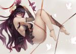  1girl anklet bare_legs barefoot black_hair breasts bridal_gauntlets butterfly dress elbow_gloves flower gloves hair_flower hair_ornament jewelry long_hair looking_at_viewer original ribbon sideboob solo tied_up very_long_hair violet_eyes walzrj 