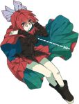  1girl boots bow cape full_body hair_bow hair_ornament henki_(orange) long_sleeves looking_at_viewer open_mouth red_eyes redhead scissors sekibanki shirt short_hair simple_background skirt solo touhou white_background 