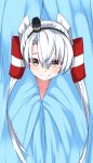  1girl amatsukaze_(kantai_collection) bust covering curtains hair_tubes hairband kantai_collection looking_at_viewer peeking_out red_eyes silver_hair smile solo tenken_(gotannda) twintails 