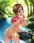  1girl aozarigani ass blue_eyes blush brown_hair dappled_sunlight forest from_behind hood nature original river short_hair solo strap_slip wading water wet wet_clothes 