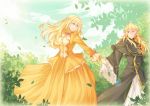  1boy 1girl ada_vessalius blonde_hair bow bush capelet dress earrings formal gloves green_eyes hair_ribbon heterochromia holding_hands jewelry leaf long_hair open_mouth pandora_hearts red_eyes ribbon smile tree vincent_nightray yellow_eyes 