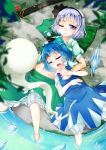  2girls bloomers blue_dress blue_eyes blue_hair bow cirno closed_eyes dress dress_shirt flower from_above hair_bow hair_ribbon hairband hand_in_shirt hitodama ice ice_wings konpaku_youmu konpaku_youmu_(ghost) lying multiple_girls navel on_back one_eye_closed open_mouth puffy_short_sleeves puffy_sleeves ribbon scabbard sheath shirt short_hair short_sleeves silver_hair sleeping soaking_feet sweat t.o.d touhou unbuttoned underwear vest_removed water wings 