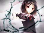  1girl aiming_at_viewer black_hair broken_glass crying crying_with_eyes_open firing_at_viewer fourth_wall gangsta_hold glass glock gun handgun highres lin_(laam226) neckerchief original red_eyes school_uniform tears translated weapon 