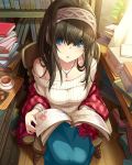  1girl blue_eyes book breasts brown_hair collarbone cup hairband idolmaster idolmaster_cinderella_girls jewelry jpeg_artifacts long_hair looking_at_viewer open_mouth pendant sagisawa_fumika solo tea teacup 