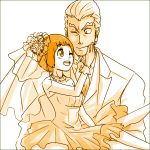  1boy 1girl couple dress gamagoori_ira gloves hair_ornament jewelry kill_la_kill looking_at_another mankanshoku_mako necklace necktie one_eye_closed short_hair smile tuxedo veil wedding_dress youbastard 