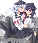  2girls akatsuki_(kantai_collection) black_hair black_legwear blue_eyes blush hat hibiki_(kantai_collection) kantai_collection long_hair mouth_hold multiple_girls na!?_(yonjyuugo) navel neckerchief one_eye_closed pantyhose ribbon_in_mouth school_uniform serafuku silver_hair sitting skirt torn_clothes torn_pantyhose yonjyuugo yuri 