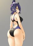  1girl ass competition_swimsuit from_behind glowing grey_background hair_over_one_eye kantai_collection looking_back one-piece_swimsuit purple_hair seramikku short_hair simple_background solo swimsuit tenryuu_(kantai_collection) thighs yellow_eyes 