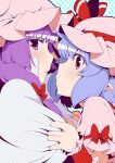  2girls blue_hair blush capelet dress eichi_yuu face-to-face hat hat_ribbon highres looking_at_viewer mob_cap multiple_girls patchouli_knowledge pink_dress purple_hair red_eyes remilia_scarlet ribbon touhou upper_body violet_eyes wrist_cuffs 