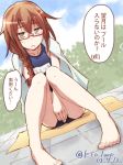  1girl alternate_costume barefoot braid brown_eyes brown_hair e20 glasses kantai_collection long_hair looking_at_viewer mochizuki_(kantai_collection) name_tag open_mouth school_swimsuit sitting solo swimsuit towel translated 