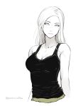  1girl breasts bust collarbone large_breasts lips long_hair looking_at_viewer monochrome original poaro simple_background solo spot_color tank_top twitter_username white_background 