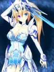  1girl blonde_hair blue_eyes breasts cleavage heterochromia highres horns long_hair looking_at_viewer luxuria phantasy_star phantasy_star_online_2 ponytail seras_alicia smile solo sword violet_eyes weapon 