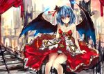  1girl alternate_costume alternate_headwear bare_shoulders bat_wings blue_hair dress hat jewelry looking_at_viewer mini_top_hat necklace red_dress red_eyes remilia_scarlet short_hair sketch smile solo strapless_dress takane_soprano top_hat touhou wings 