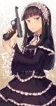  1girl bangs black_hair blunt_bangs capelet dress floral_background gun handgun highres long_hair long_sleeves looking_at_viewer luger_p08 original red_eyes solo trigger_discipline type-alpha weapon 