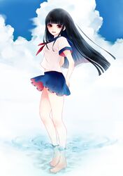  1girl barefoot black_hair brown_eyes clouds cloudy_sky hime_cut legs long_hair original school_uniform serafuku skirt sky smile solo wading water 