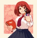  1girl boku_no_hero_academia breasts brown_eyes brown_hair collared_shirt commentary english_commentary eraser fenkko highres holding holding_notebook holding_pen holding_pencil holding_scissors long_sleeves looking_at_viewer necktie notebook outside_border pen pencil pleated_skirt red_necktie school_uniform scissors shirt short_hair skirt smile solo u.a._school_uniform uraraka_ochako white_shirt 