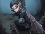  1girl armor black_hair bow_(weapon) cape crossbow crossbow_bolts kneeling league_of_legends lipstick long_hair makeup ponytail red_eyes shauna_vayne solo sunglasses weapon zhainan_s-jun 